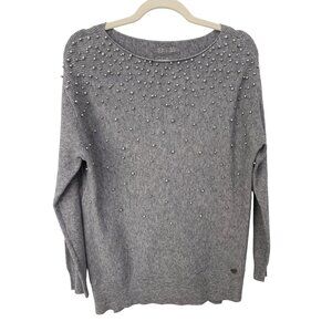 Alea Pearl Embellished Pullover Sweater Womens Large Gray Ribbed Knit Viscose